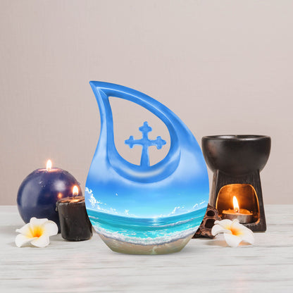 10-inch Beach Urn with Cross Drop design for ashes, includes velvet pouch