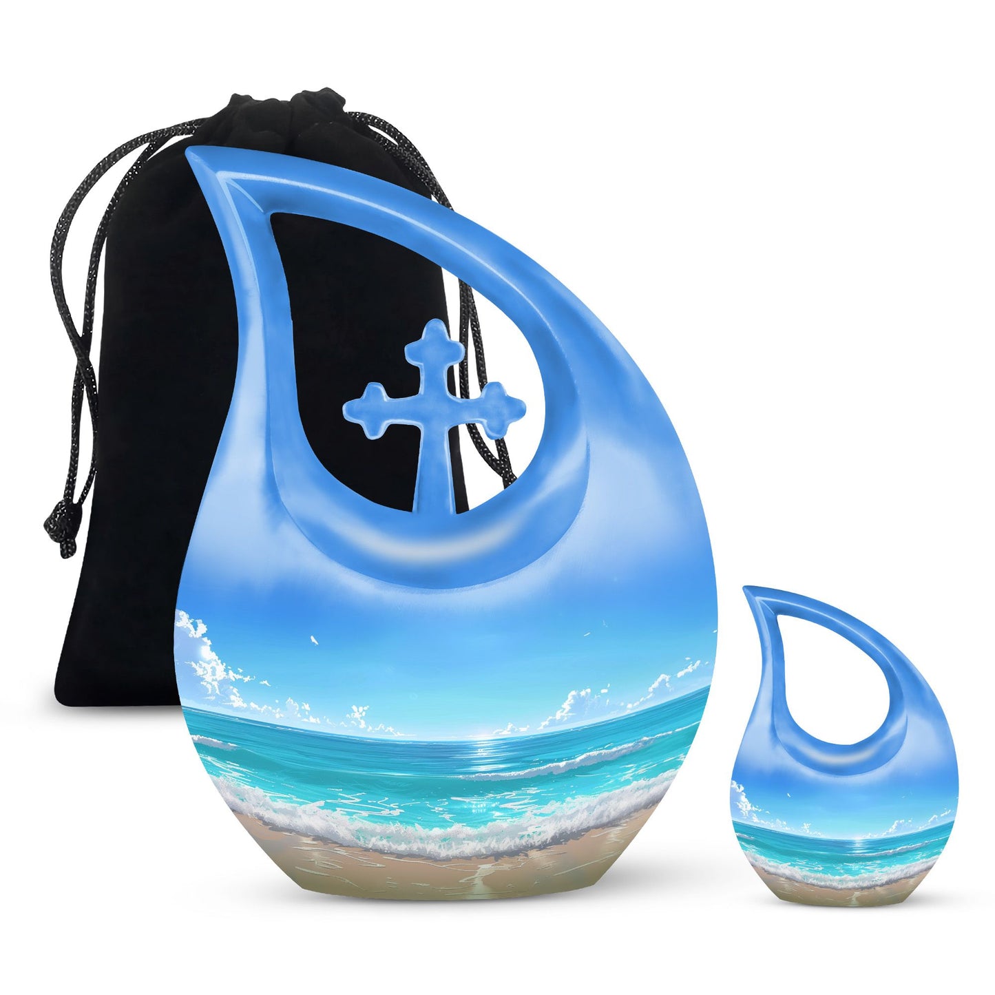 10-inch Beach Urn with Cross Drop design for ashes, includes velvet pouch