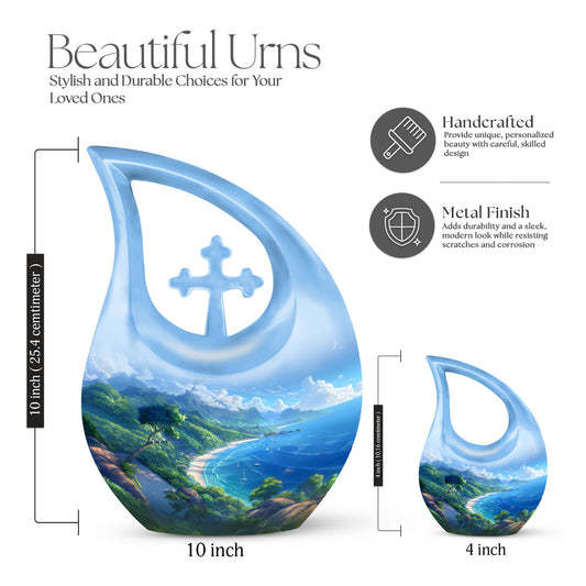 10-Inch Beach Urn with Cross Drop design, Memoriable Cremation Keepsake