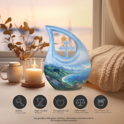 10-Inch Beach Urn with Cross Drop design, Memoriable Cremation Keepsake