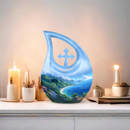 10-Inch Beach Urn with Cross Drop design, Memoriable Cremation Keepsake