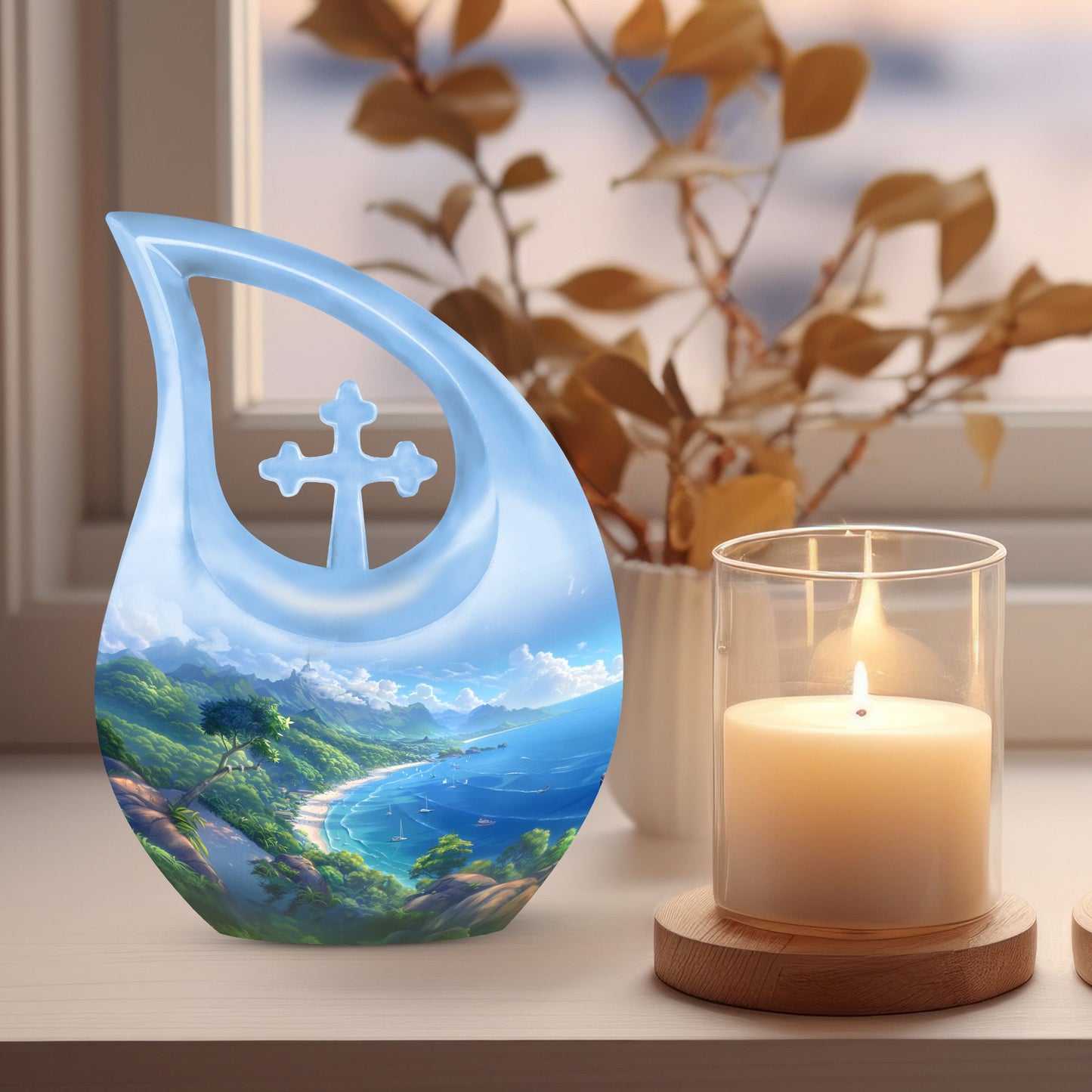 10-Inch Beach Urn with Cross Drop design, Memoriable Cremation Keepsake