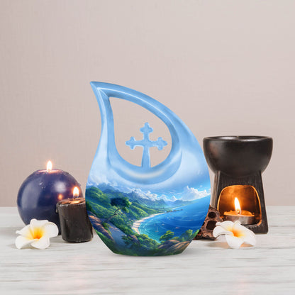 10-Inch Beach Urn with Cross Drop design, Memoriable Cremation Keepsake