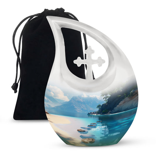10-inch beach themed aluminium Cross Drop urn vase with velvet pouch