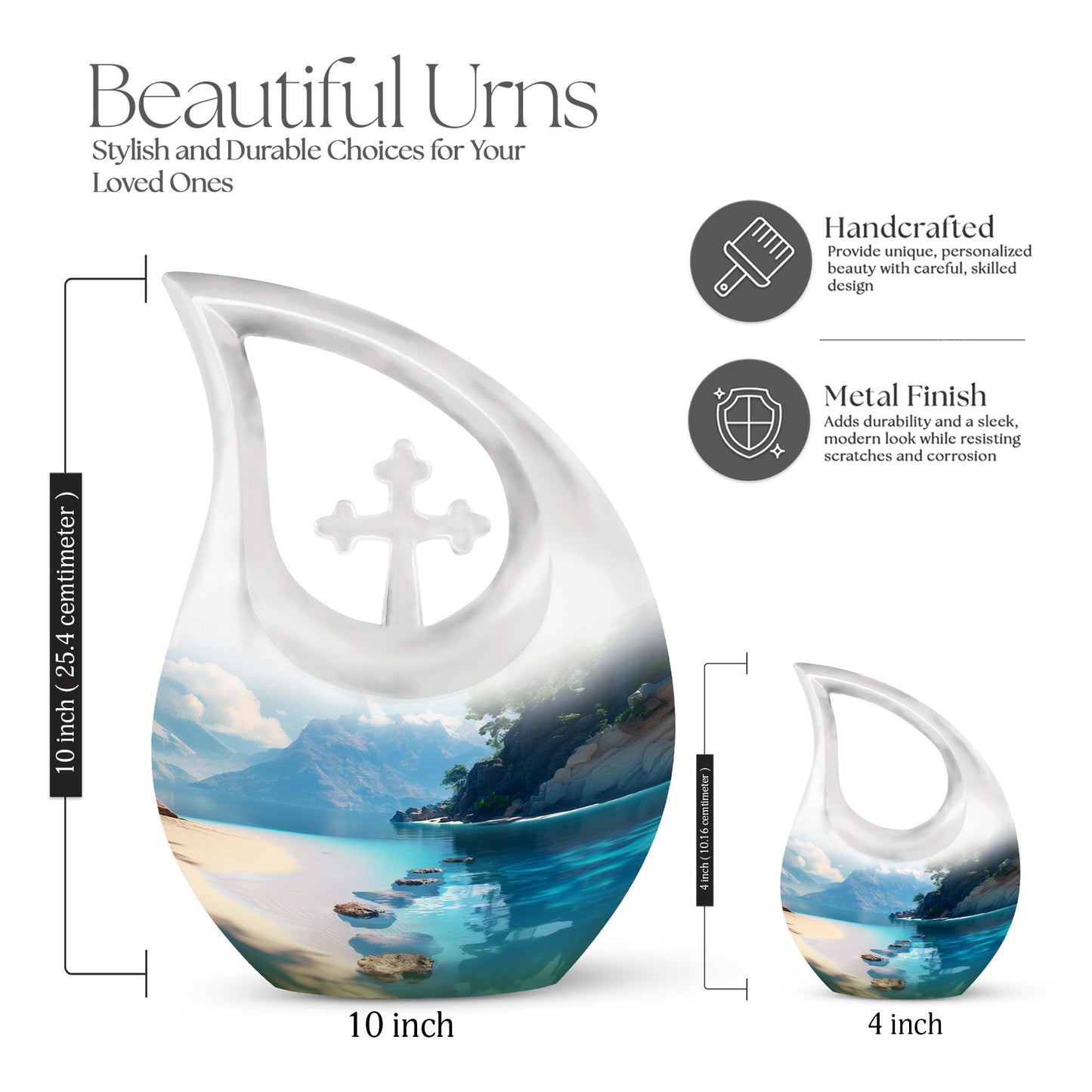 10-inch beach themed aluminium Cross Drop urn vase with velvet pouch
