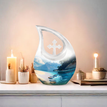 10-inch beach themed aluminium Cross Drop urn vase with velvet pouch