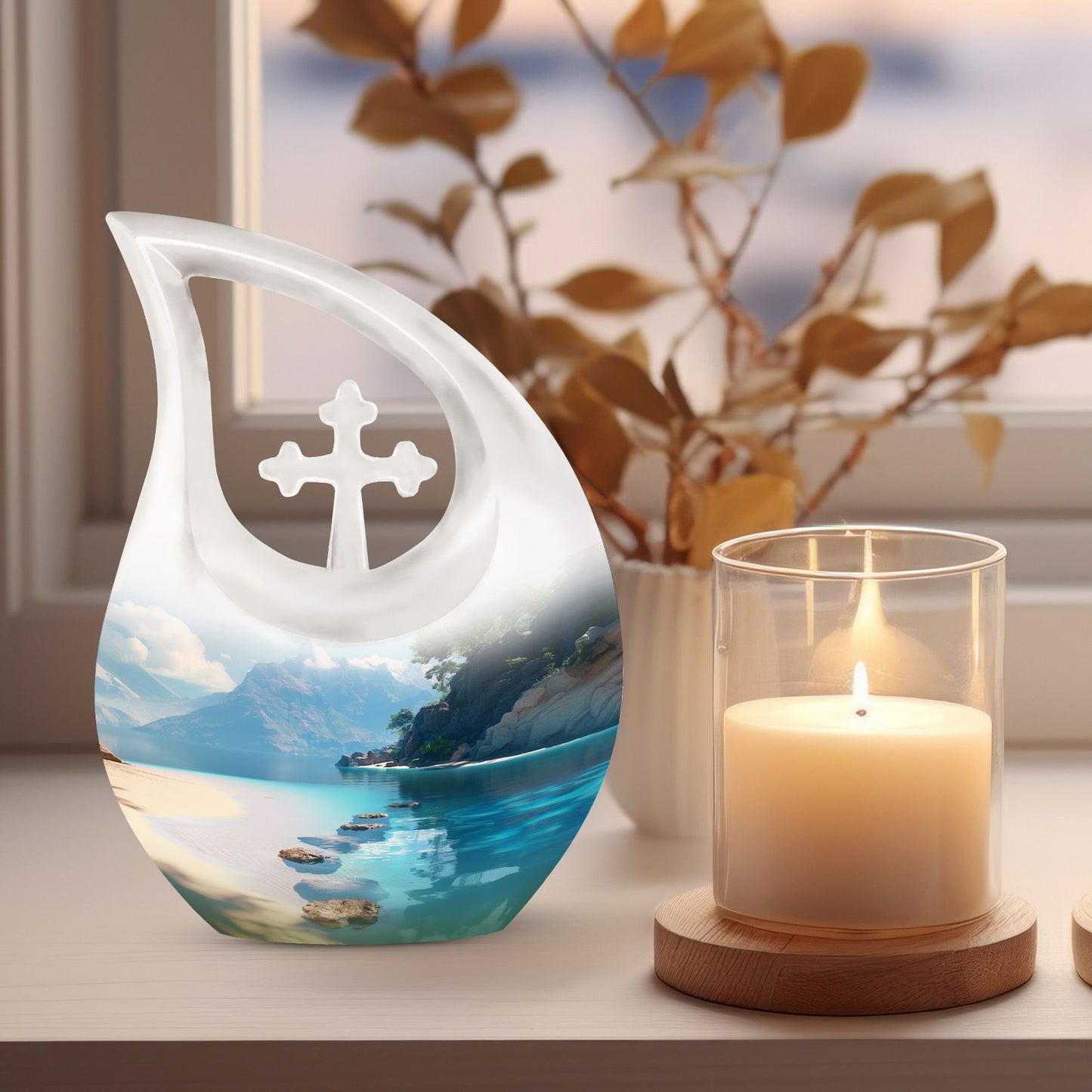 10-inch beach themed aluminium Cross Drop urn vase with velvet pouch