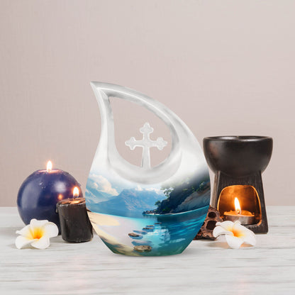 10-inch beach themed aluminium Cross Drop urn vase with velvet pouch