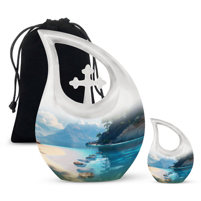 10-inch beach themed aluminium Cross Drop urn vase with velvet pouch