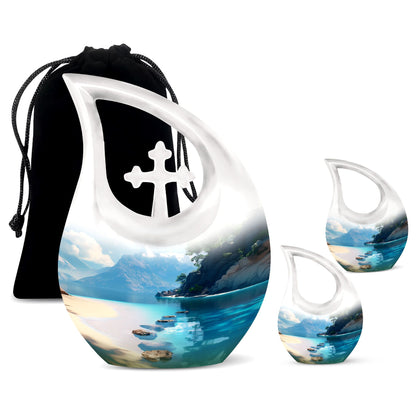 10-inch beach themed aluminium Cross Drop urn vase with velvet pouch