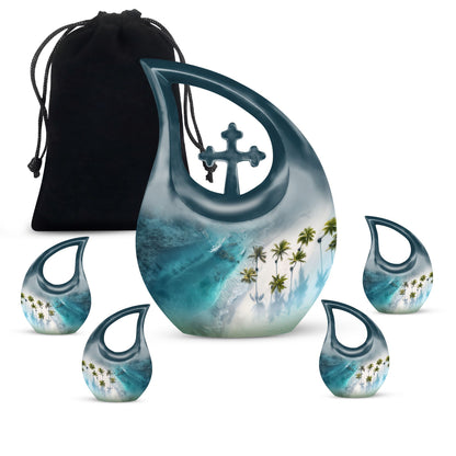 Beach Theme Large Urn With 4 Keepsake Urn