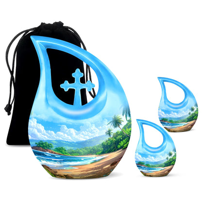 Beach Theme Large Urn With 2 Keepsake Urn