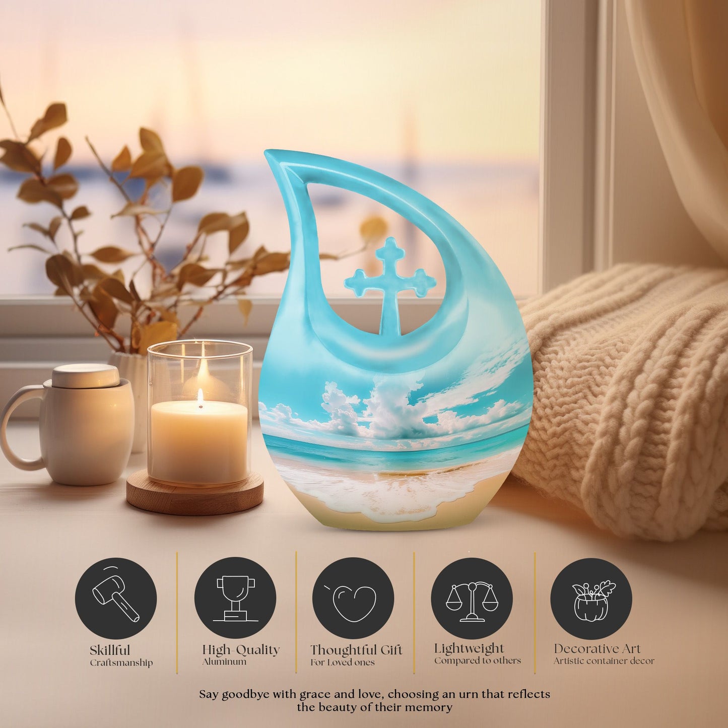 10-inch Beach-themed Cross Drop Memorial Urn