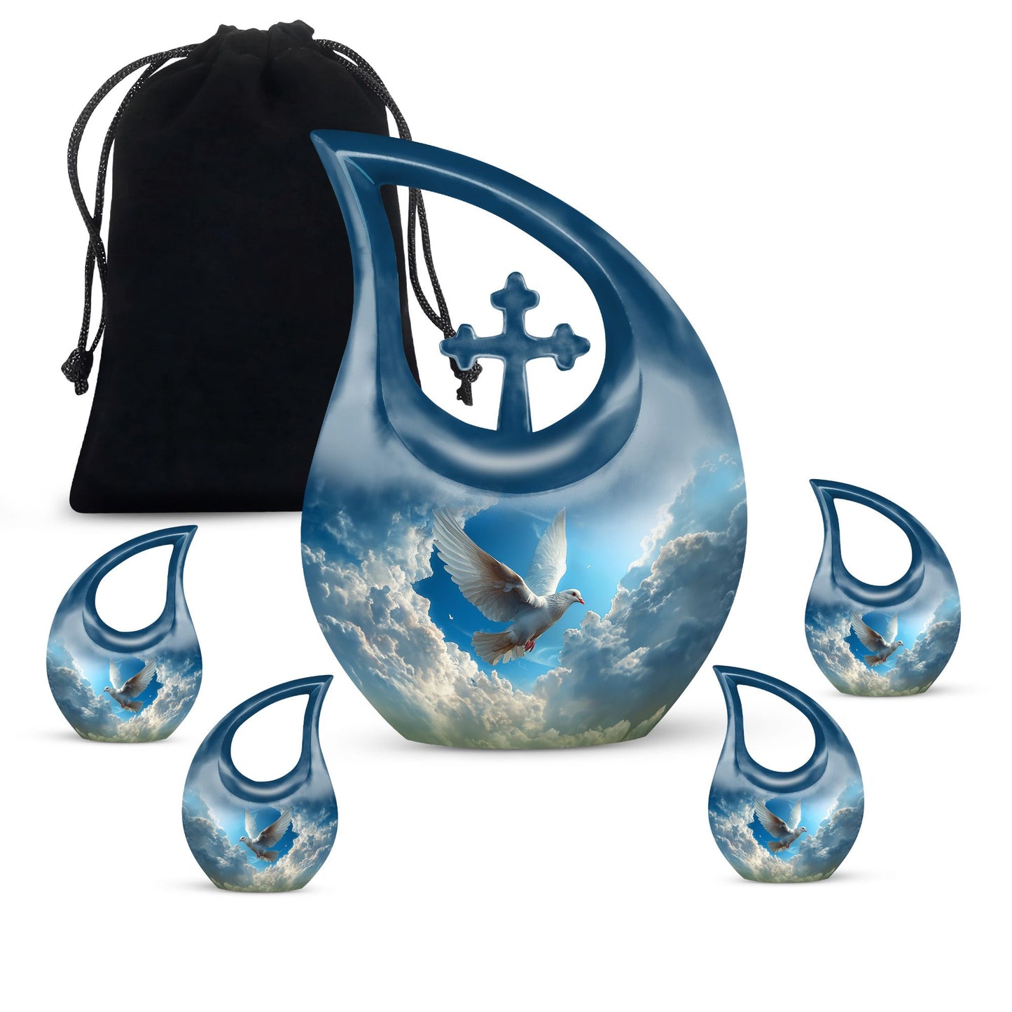 Bird Urn for Human Ashes with Cross Cutout, Dove Flying Toward the Light, Blue Teardrop Urn