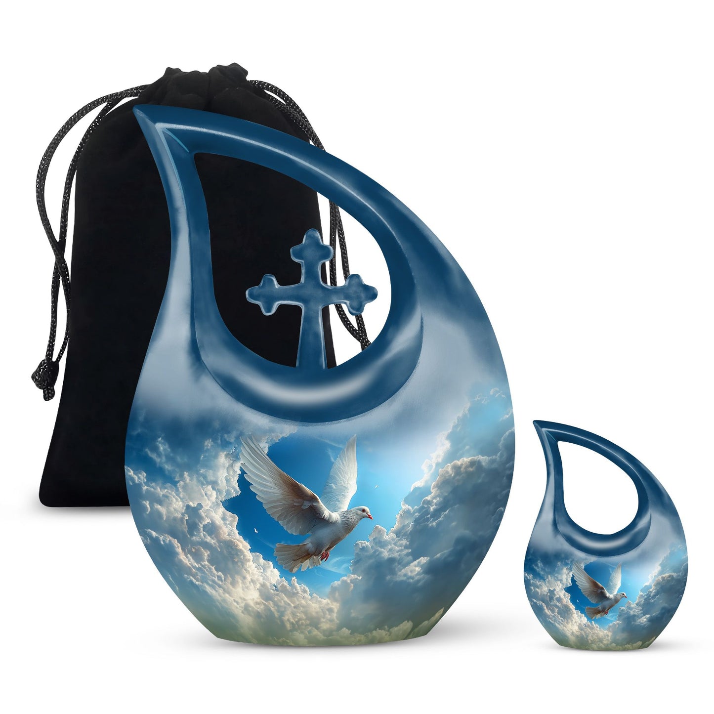 Bird Urn for Human Ashes with Cross Cutout, Dove Flying Toward the Light, Blue Teardrop Urn