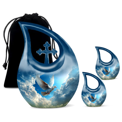 Bird Urn for Human Ashes with Cross Cutout, Dove Flying Toward the Light, Blue Teardrop Urn