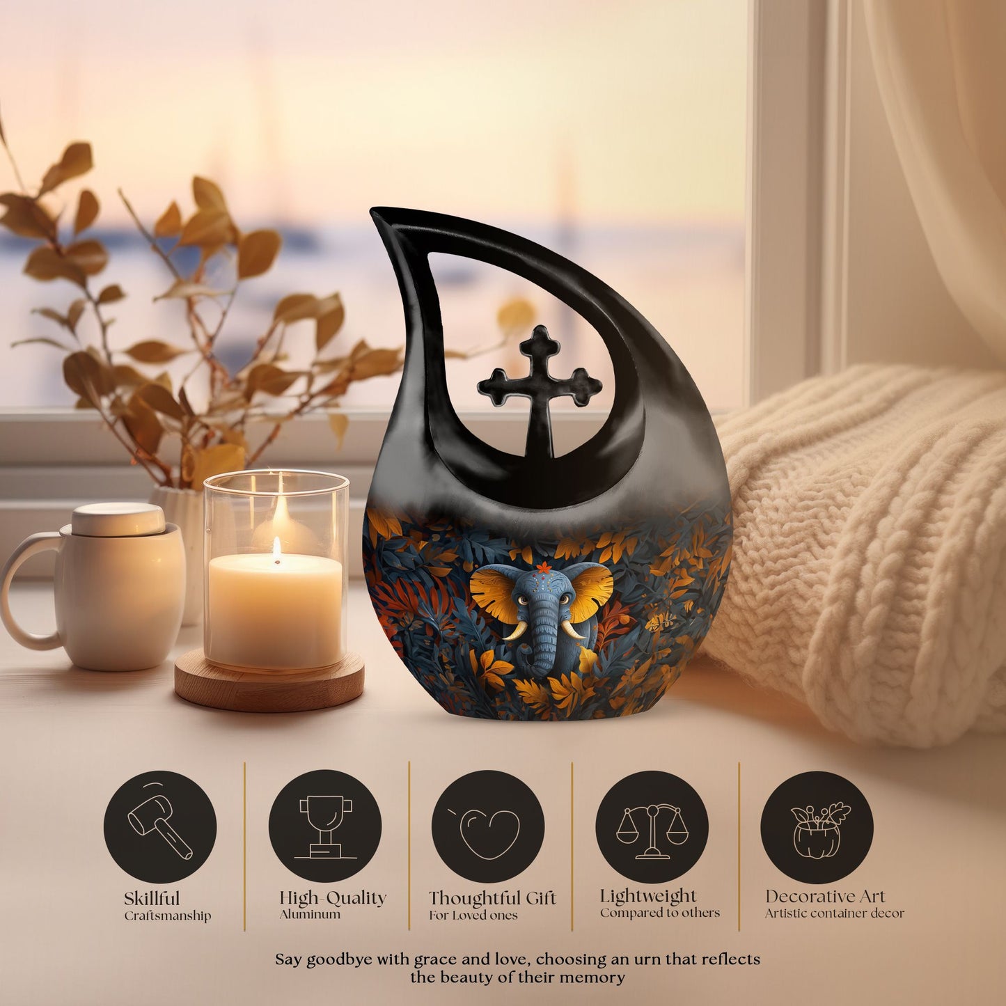 Elephant with Cross Drop Design Mom Urn