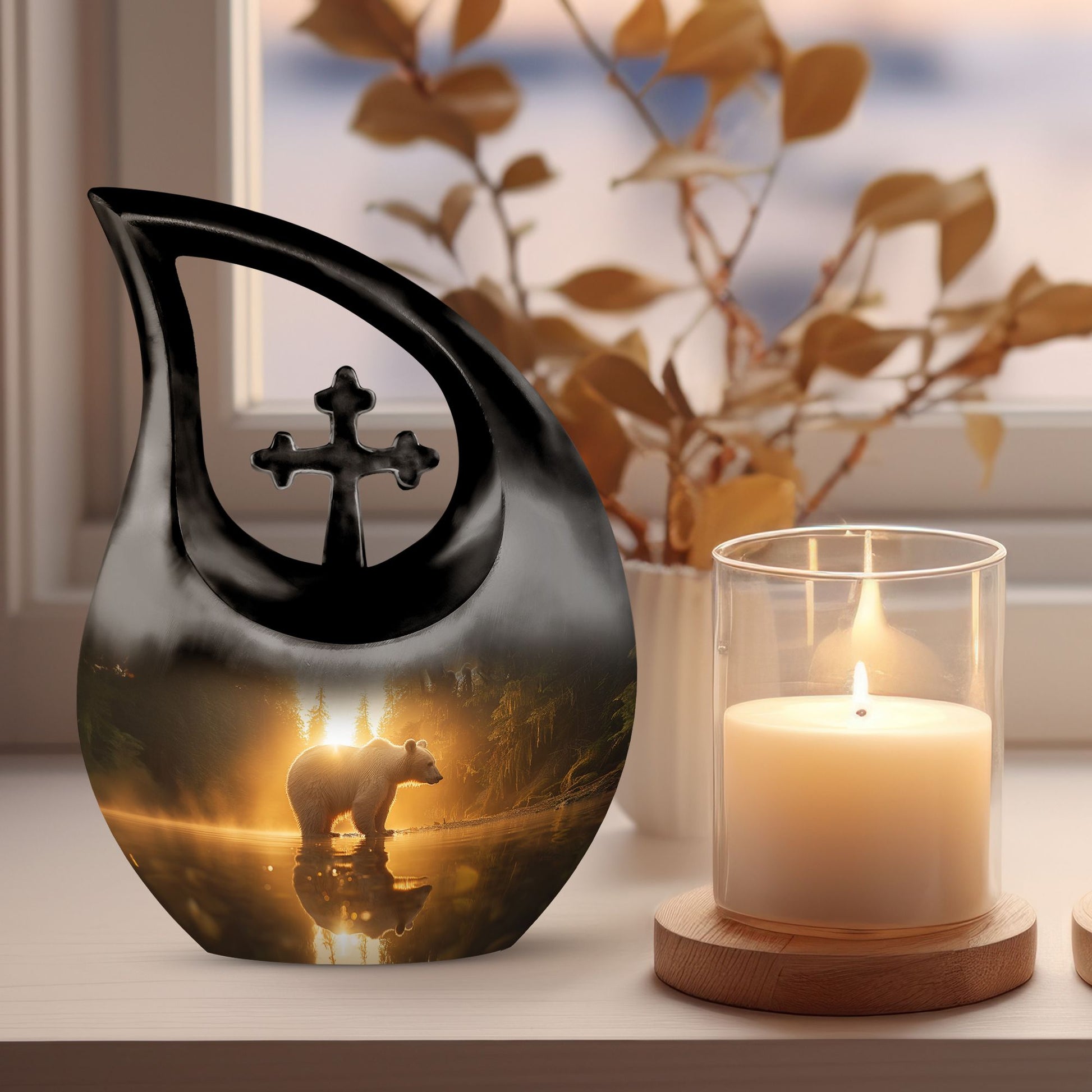 10 inch Bear themed Cross Drop Urn