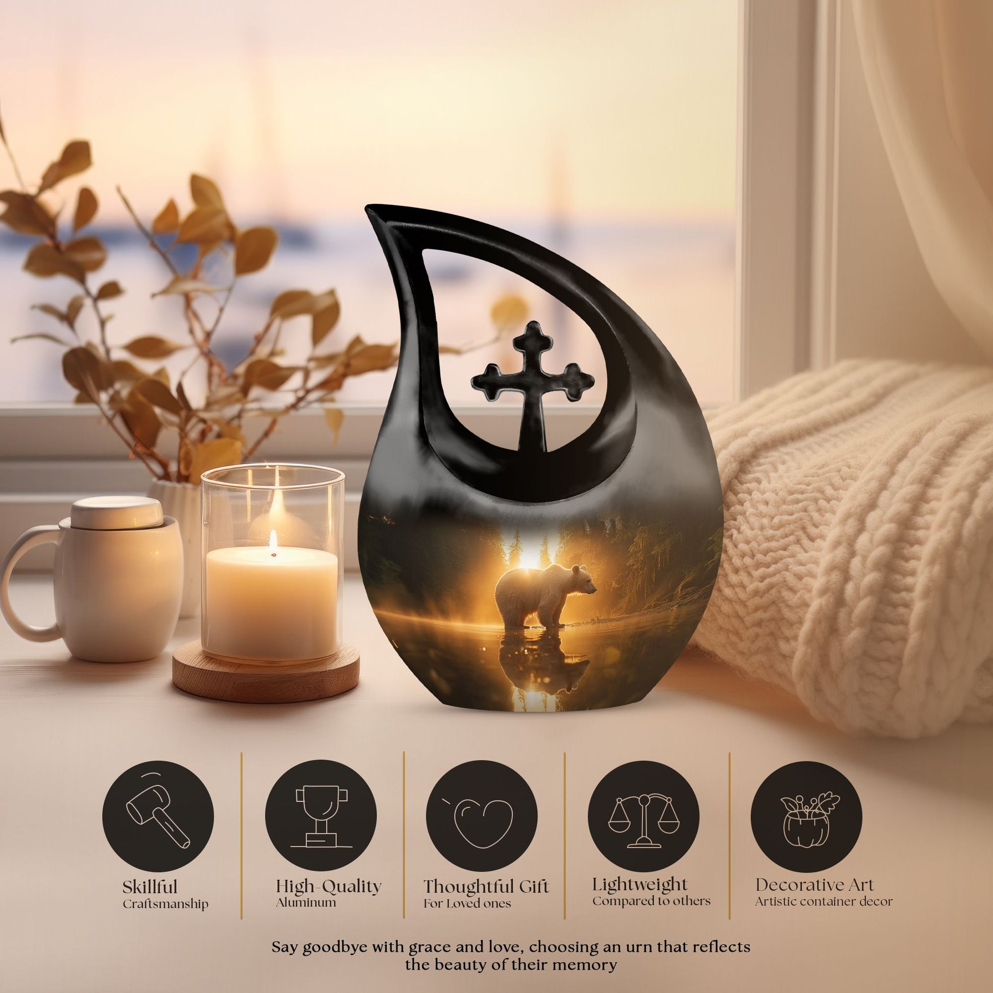 10 inch Bear themed Cross Drop Urn