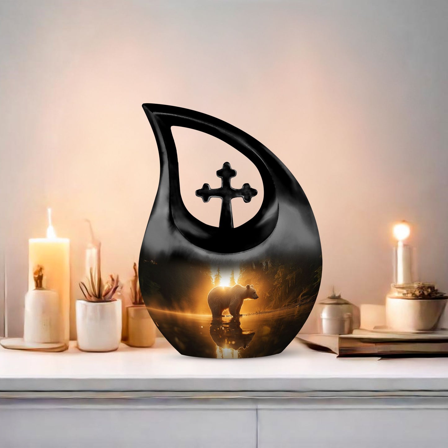 10 inch Bear themed Cross Drop Urn