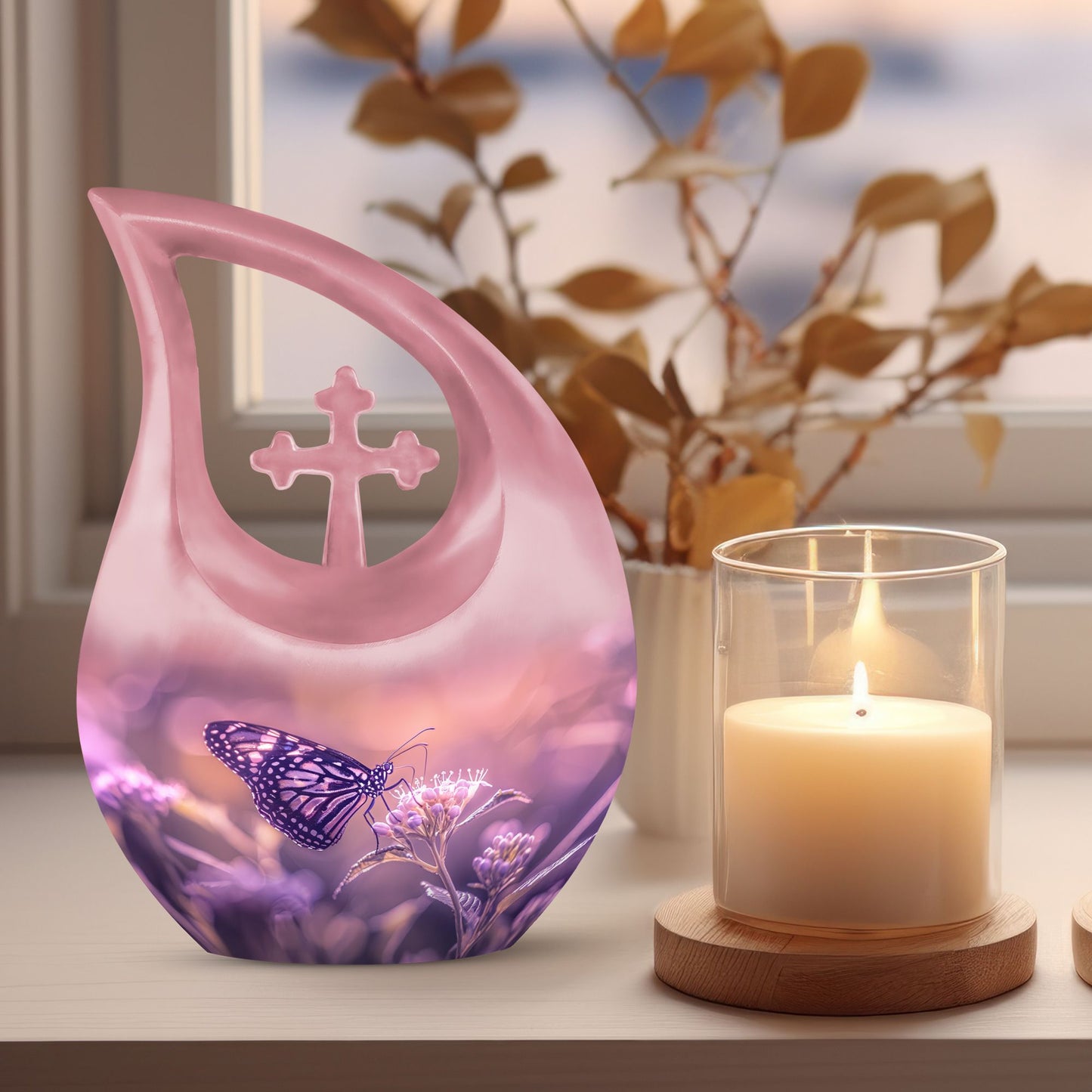 Butterfly urn featuring a cross