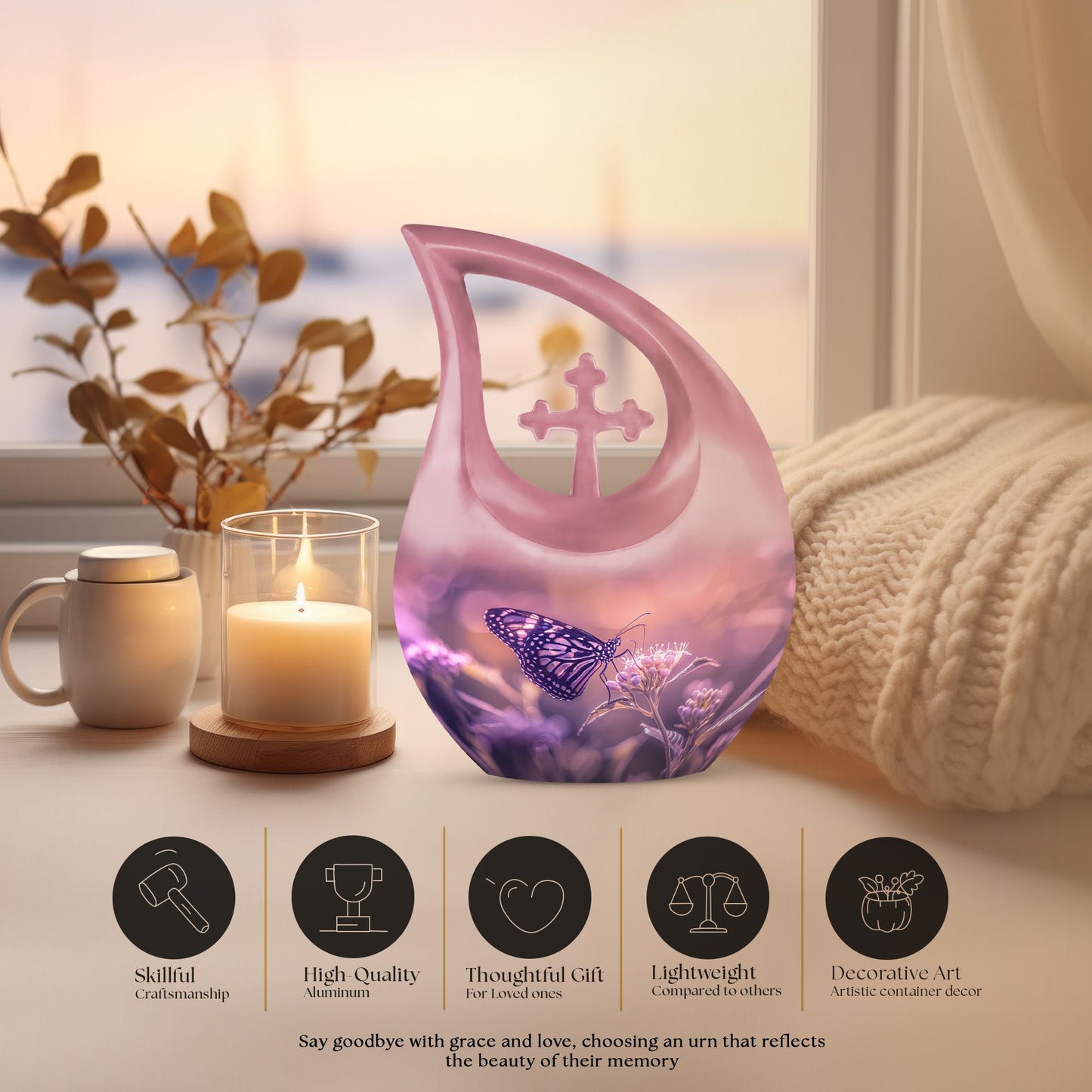 Butterfly urn featuring a cross