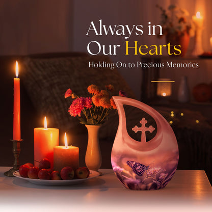 Butterfly urn featuring a cross