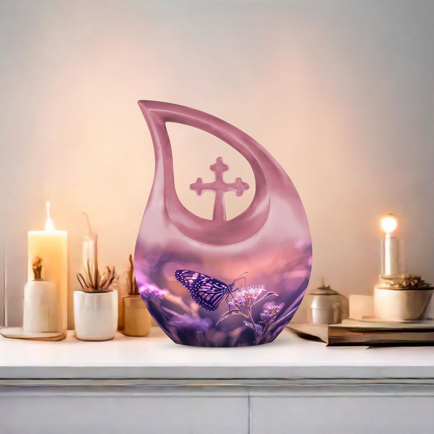 Butterfly urn featuring a cross