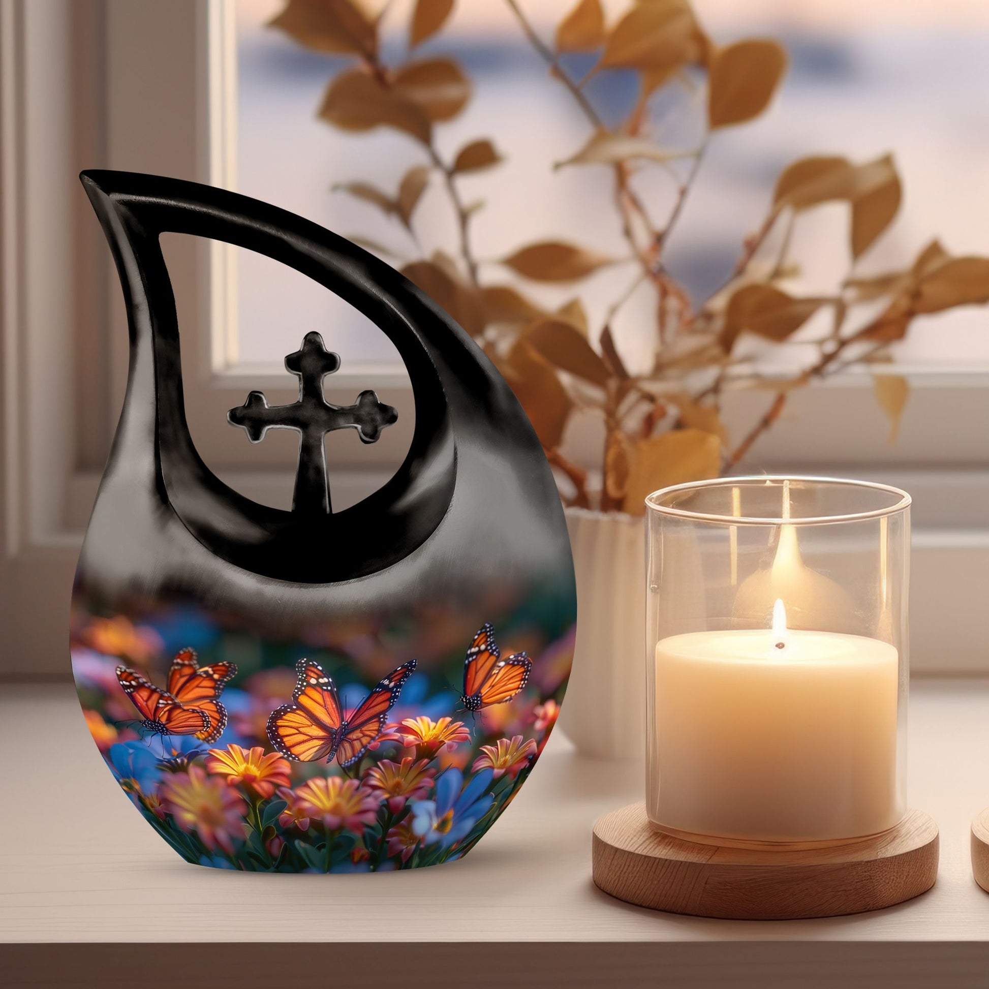 Butterfly-themed Cross Drop memorial urn