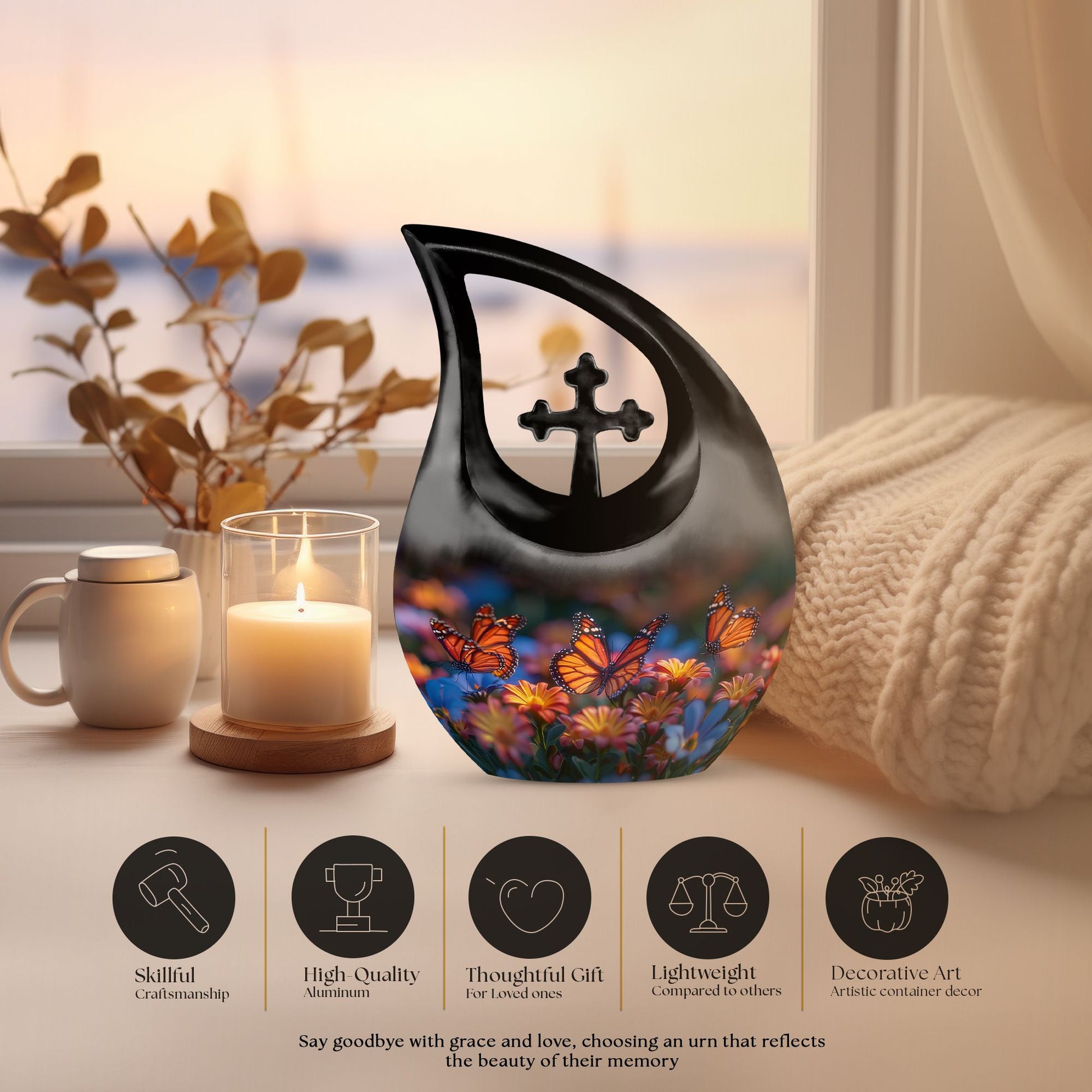 Butterfly-themed Cross Drop memorial urn