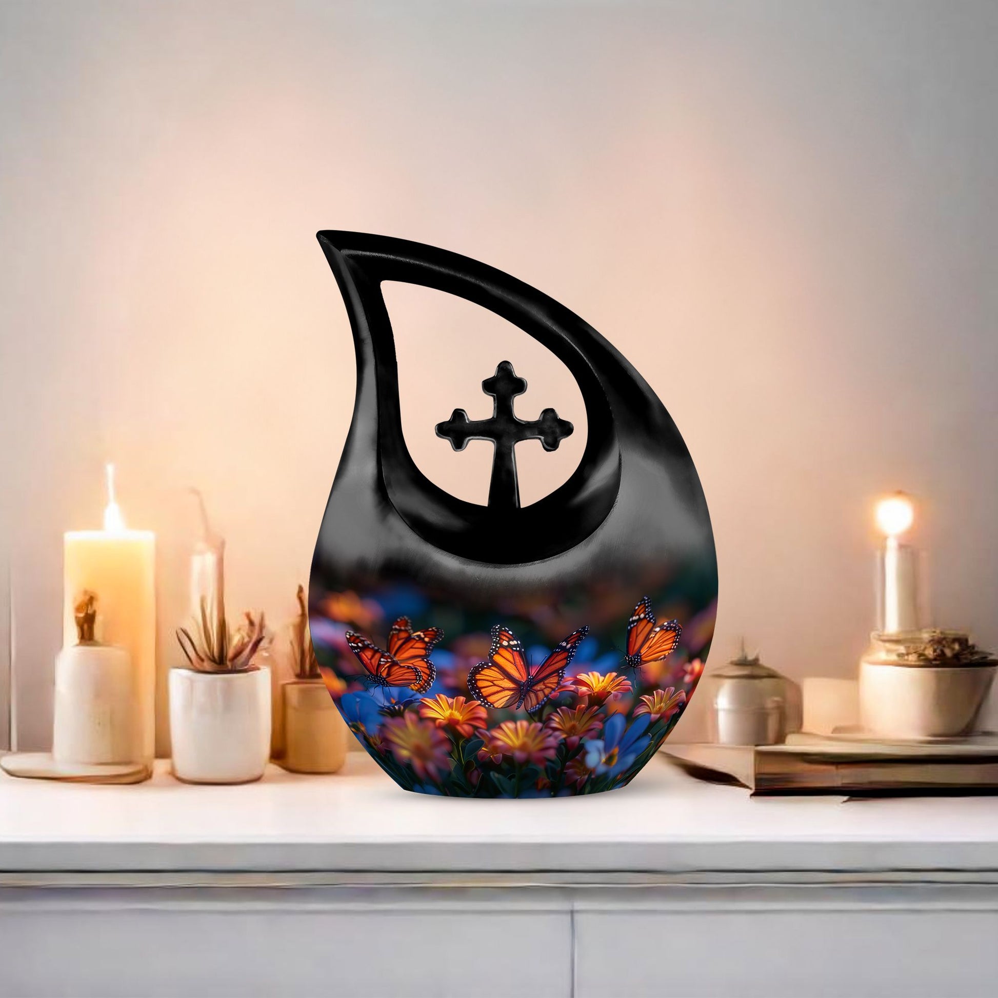 Butterfly-themed Cross Drop memorial urn