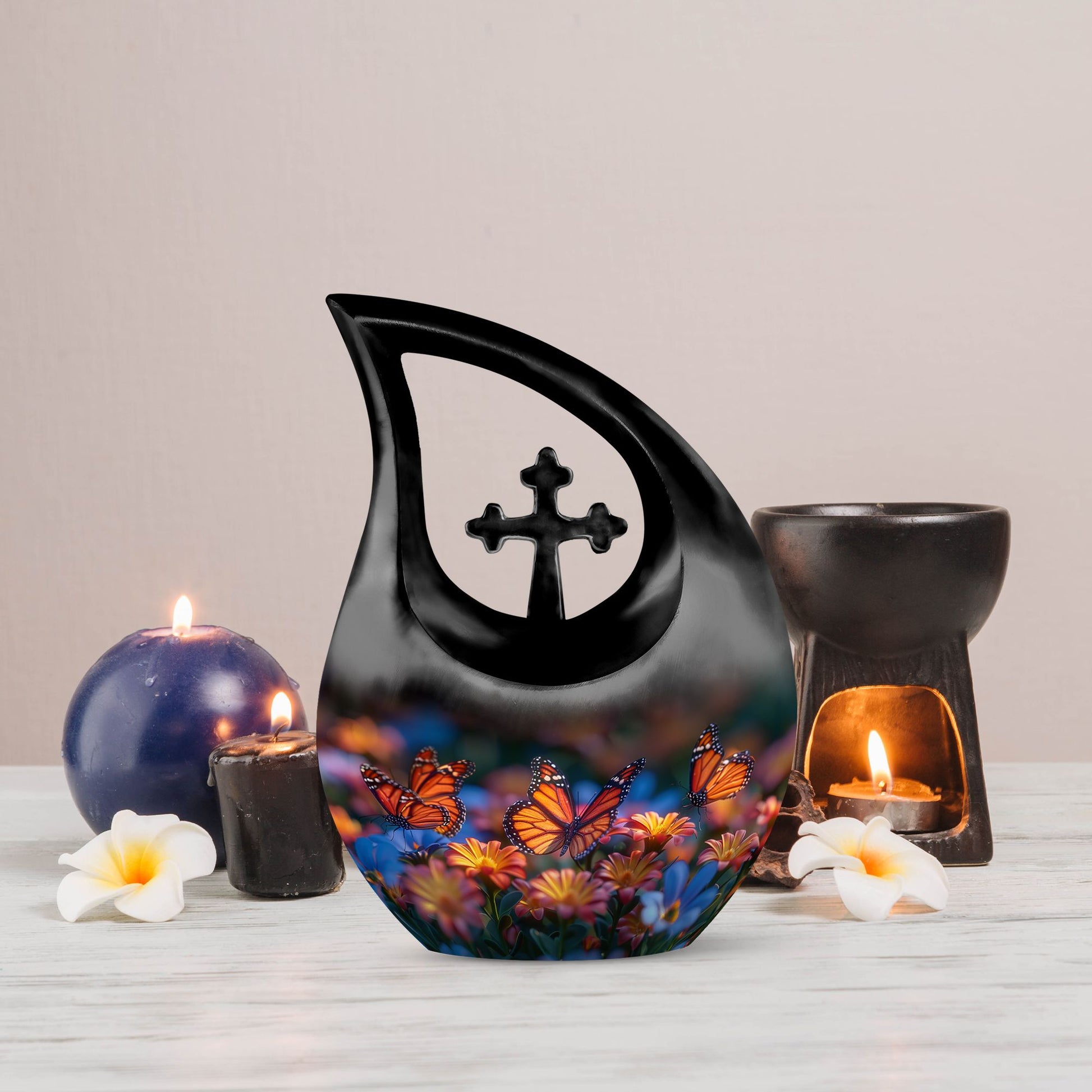 Butterfly-themed Cross Drop memorial urn