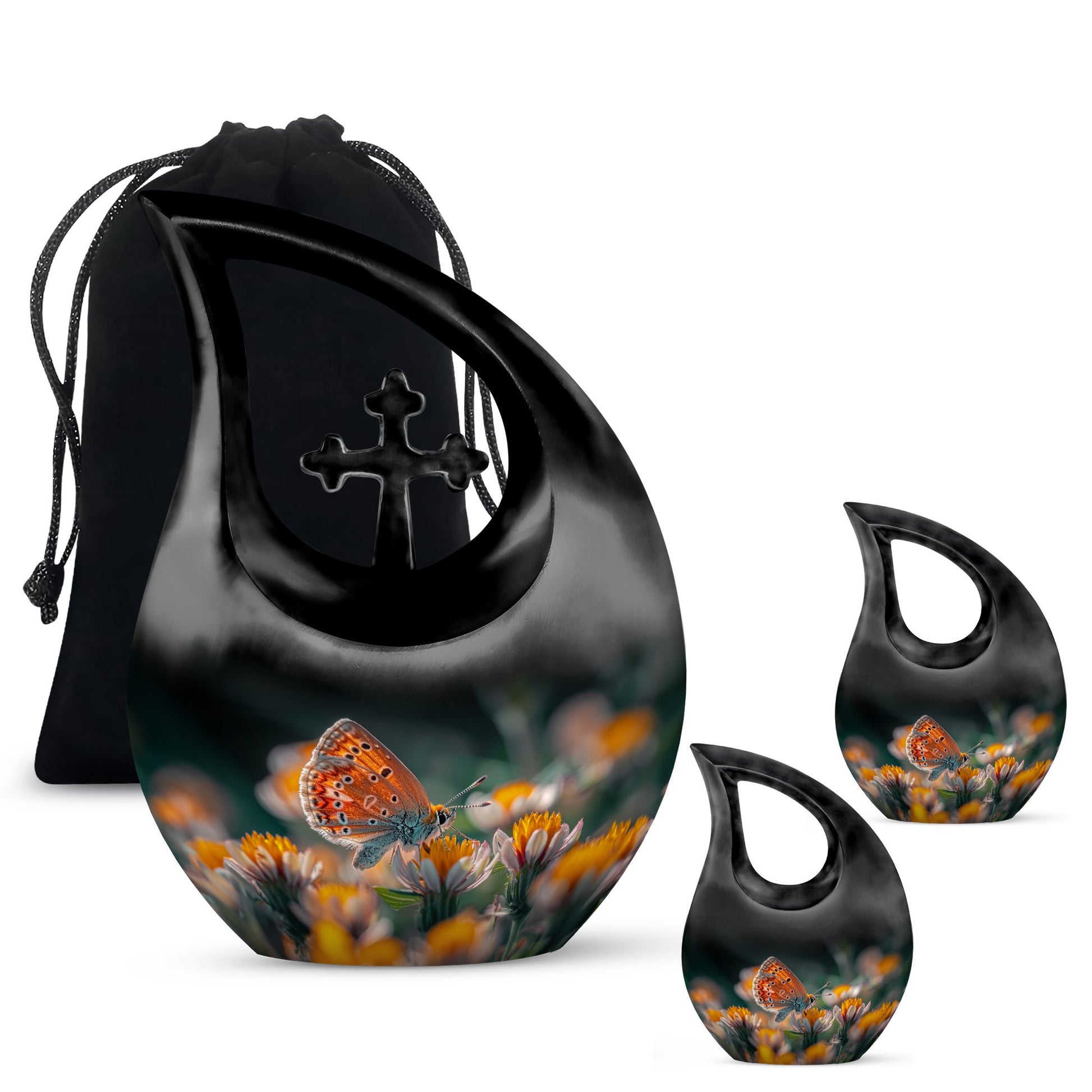 Butterfly Theme Large Urn With 2 Keepsake Urn