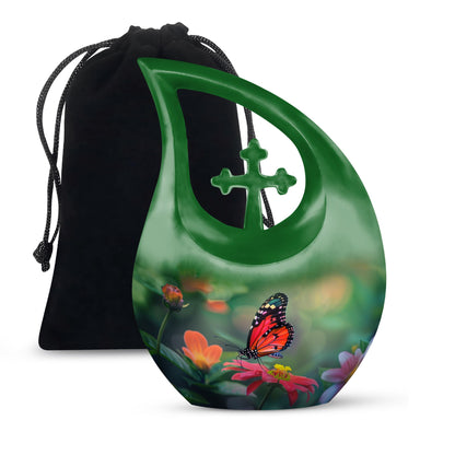 Butterfly-themed Cross Drop memorial urn for ashes