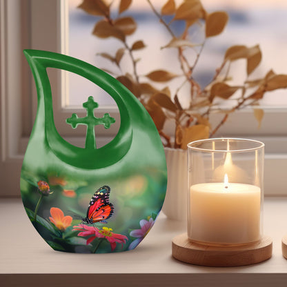 Butterfly-themed Cross Drop memorial urn for ashes