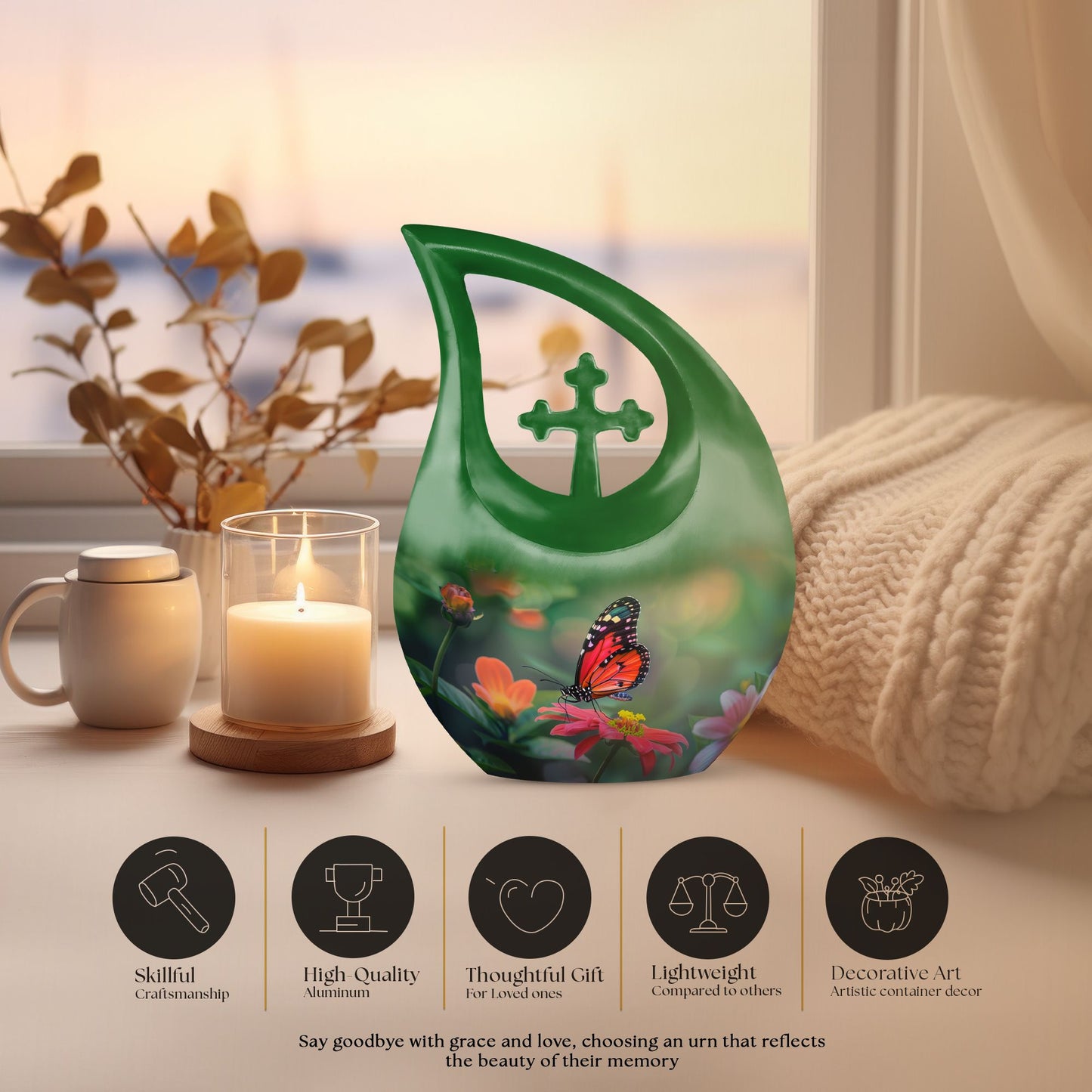 Butterfly-themed Cross Drop memorial urn for ashes