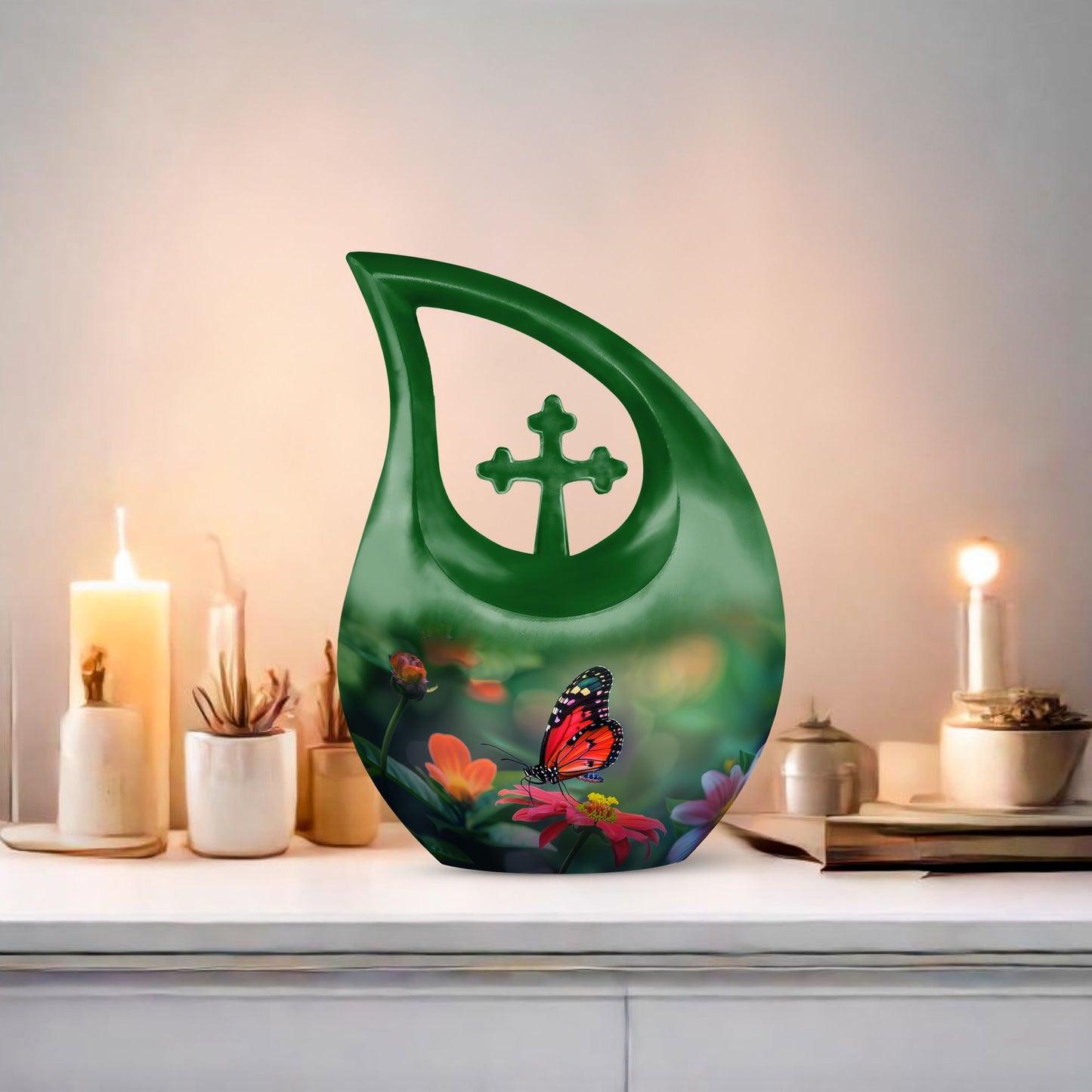 Butterfly-themed Cross Drop memorial urn for ashes