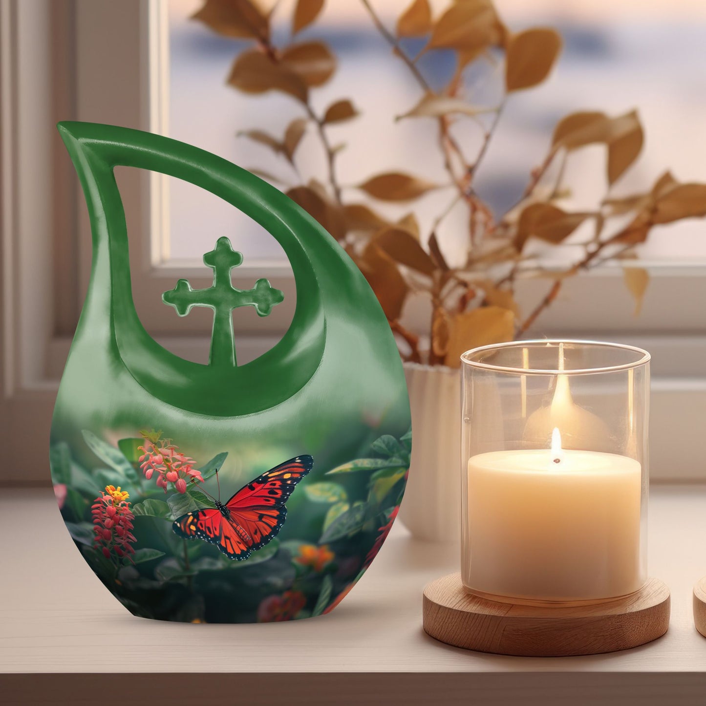 Affordable 10-inch Butterfly Cross Drop Funeral Urn