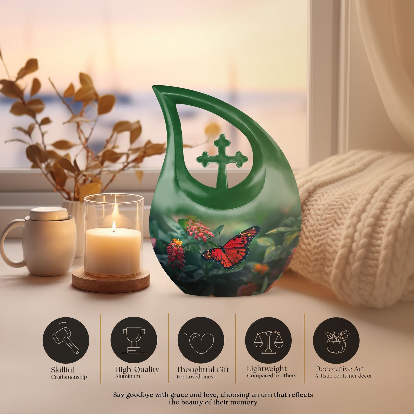 Affordable 10-inch Butterfly Cross Drop Funeral Urn