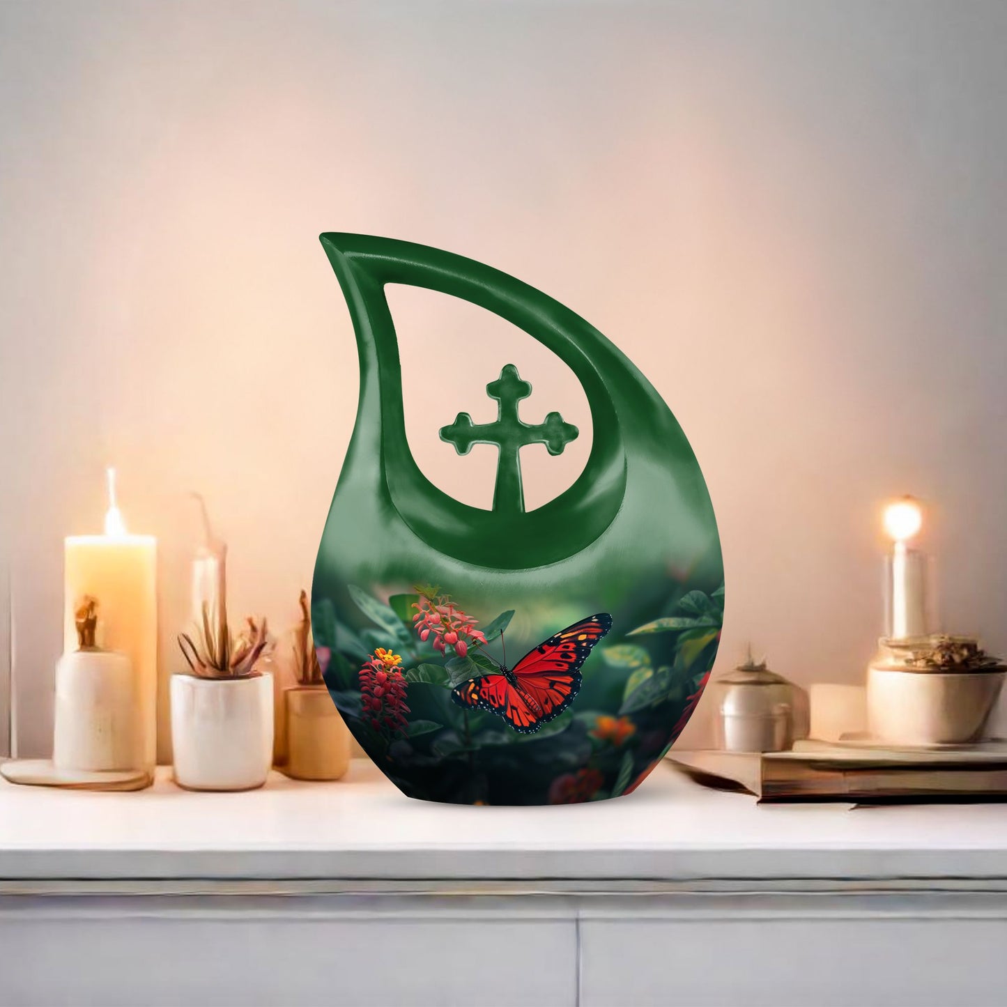 Affordable 10-inch Butterfly Cross Drop Funeral Urn