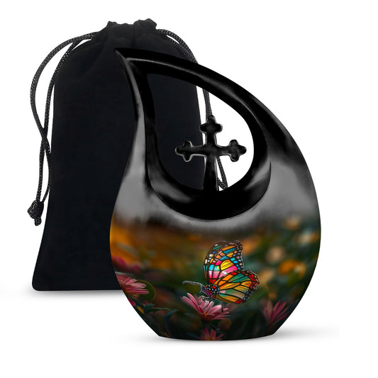 Butterfly-themed 10-inch Cross Drop memorial urn