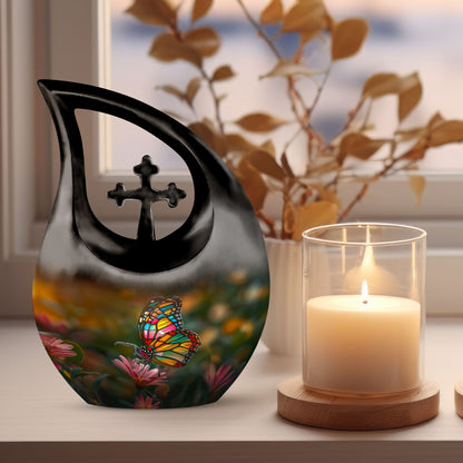 Butterfly-themed 10-inch Cross Drop memorial urn