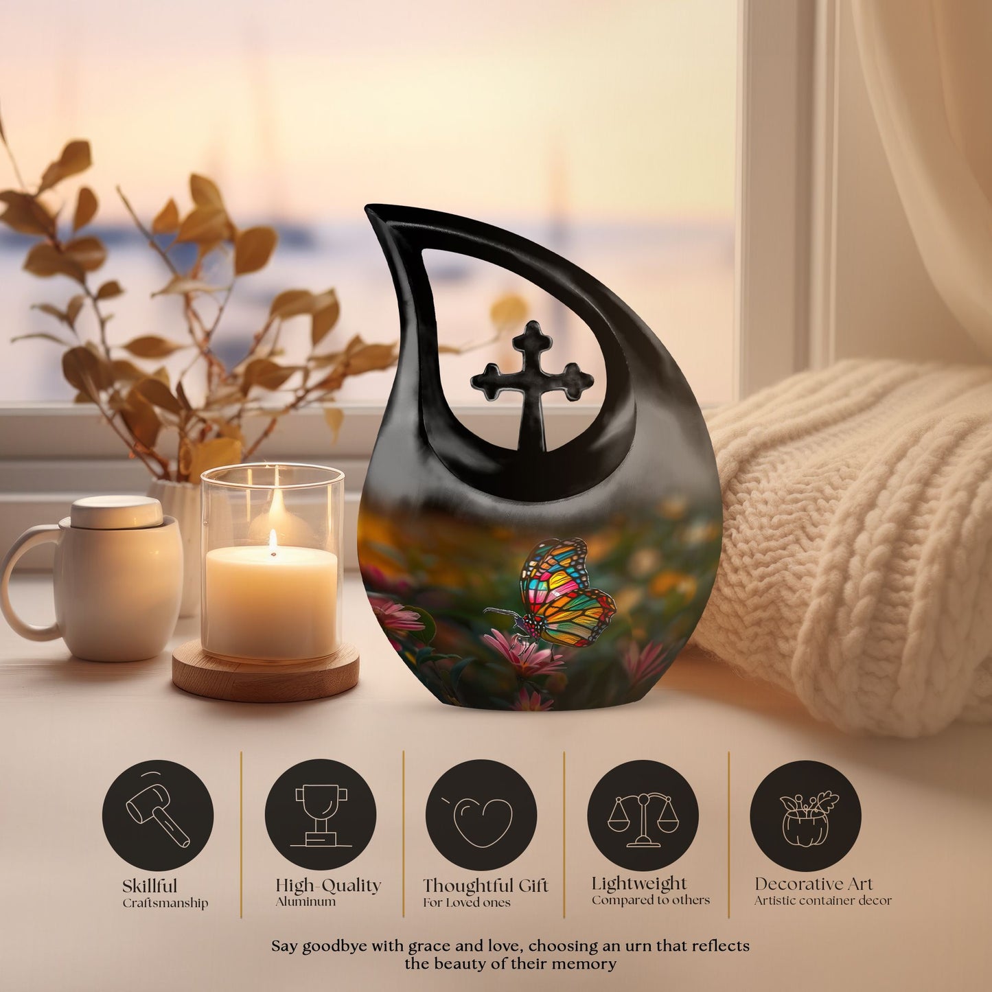 Butterfly-themed 10-inch Cross Drop memorial urn