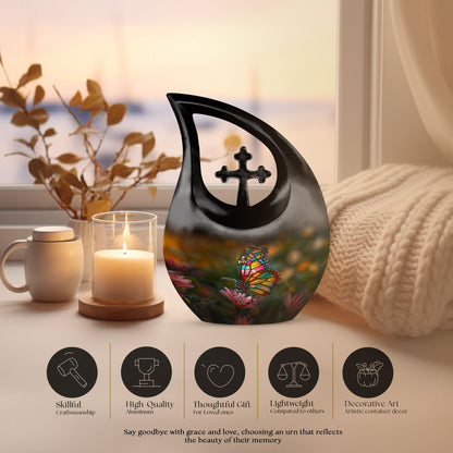 Butterfly-themed 10-inch Cross Drop memorial urn