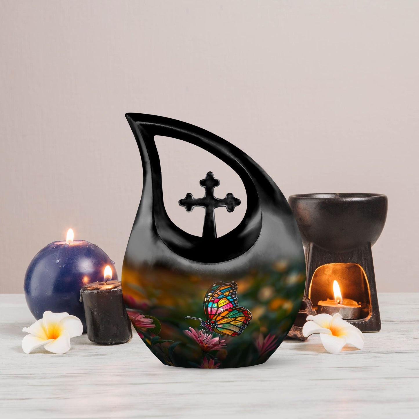 Butterfly-themed 10-inch Cross Drop memorial urn