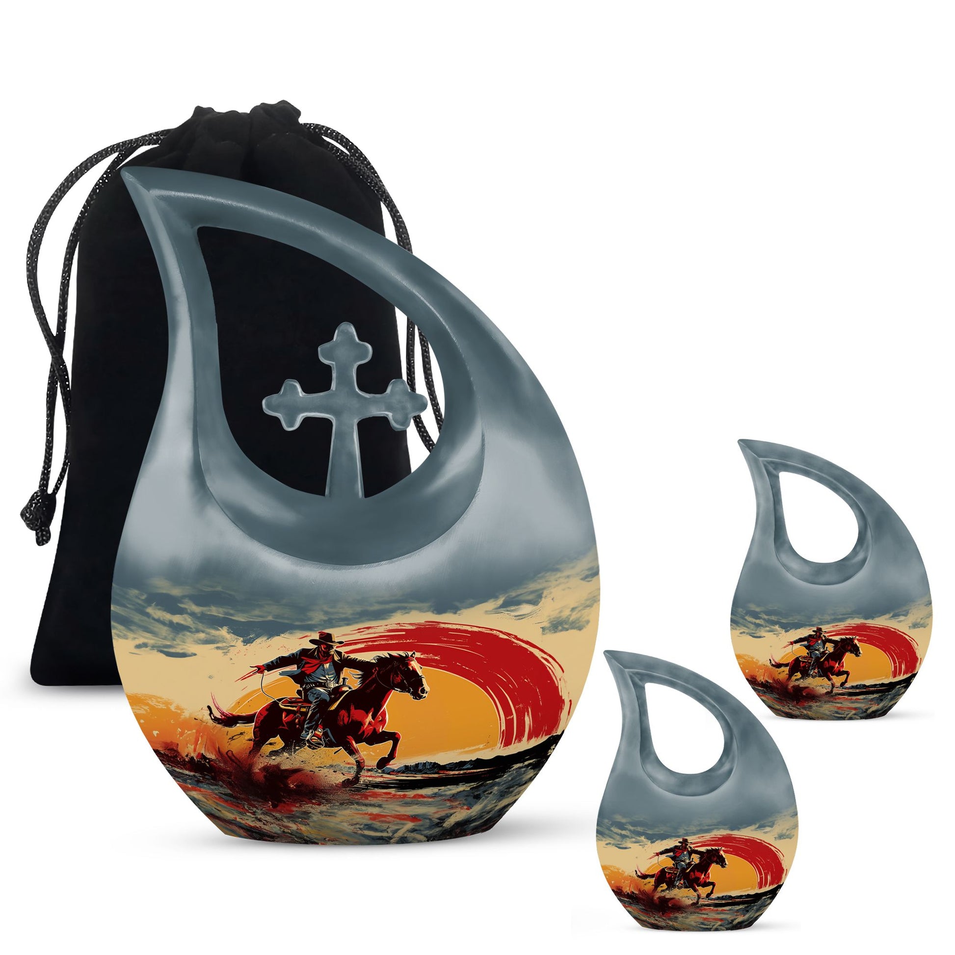 Cowboy Theme Large Urn With 2 Keepsake Urn
