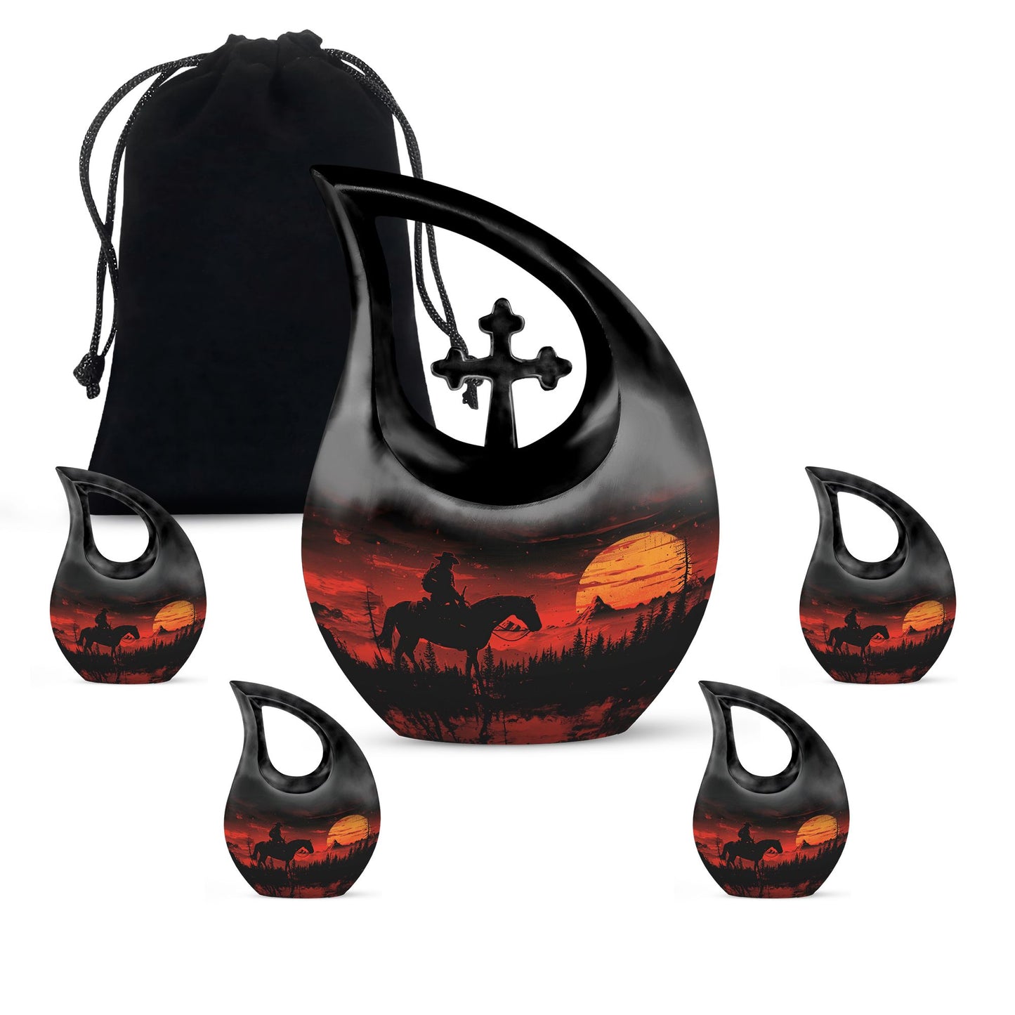 Cowboy Theme Large Urn With 4 Keepsake Urn