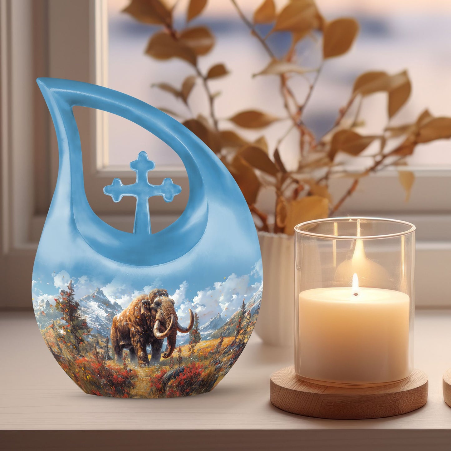 Large 10-inch Mamoth-themed Cross Drop burial urn