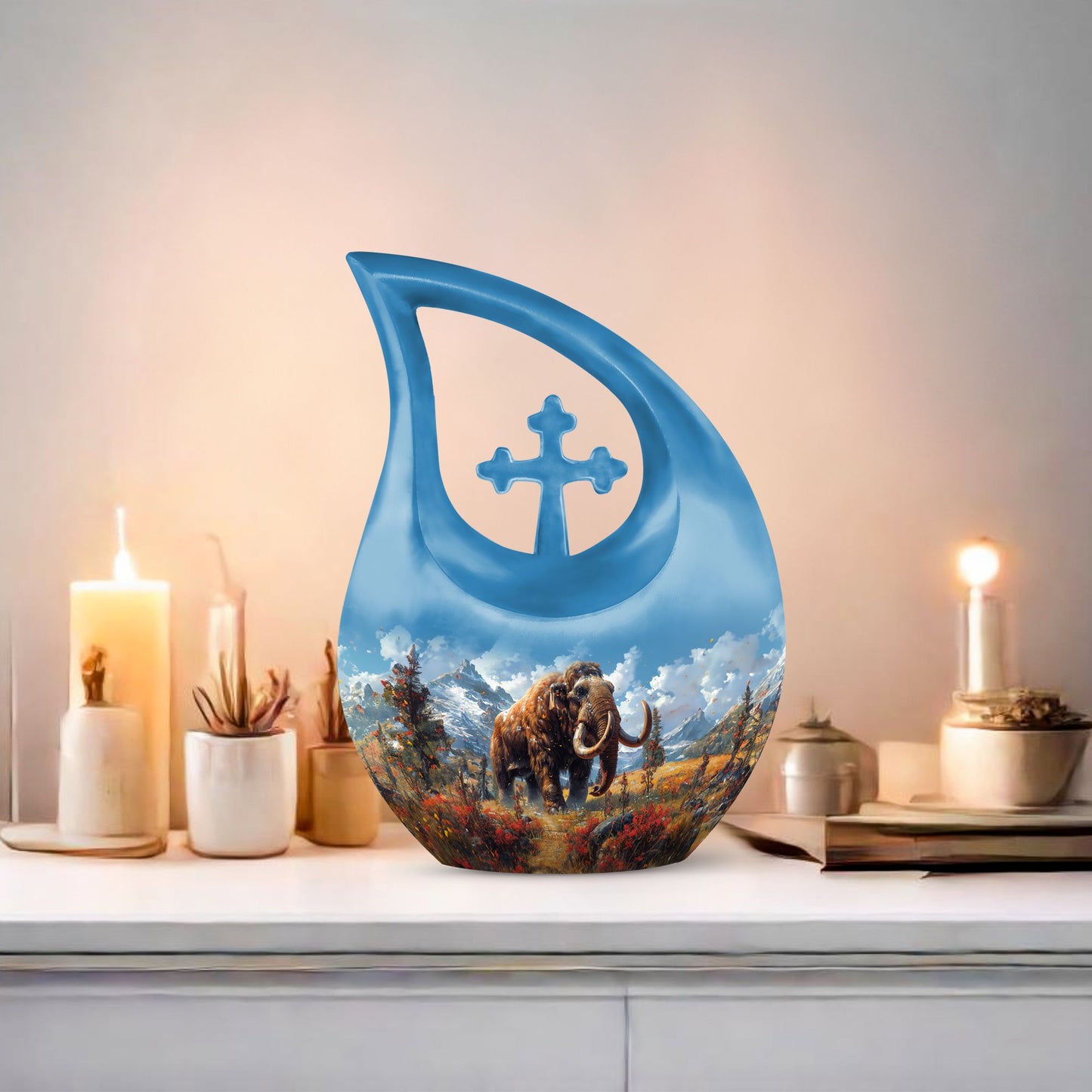Large 10-inch Mamoth-themed Cross Drop burial urn