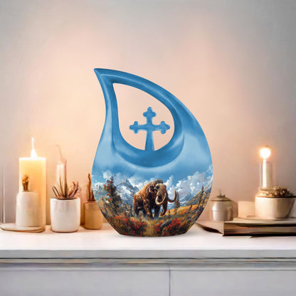 Large 10-inch Mamoth-themed Cross Drop burial urn